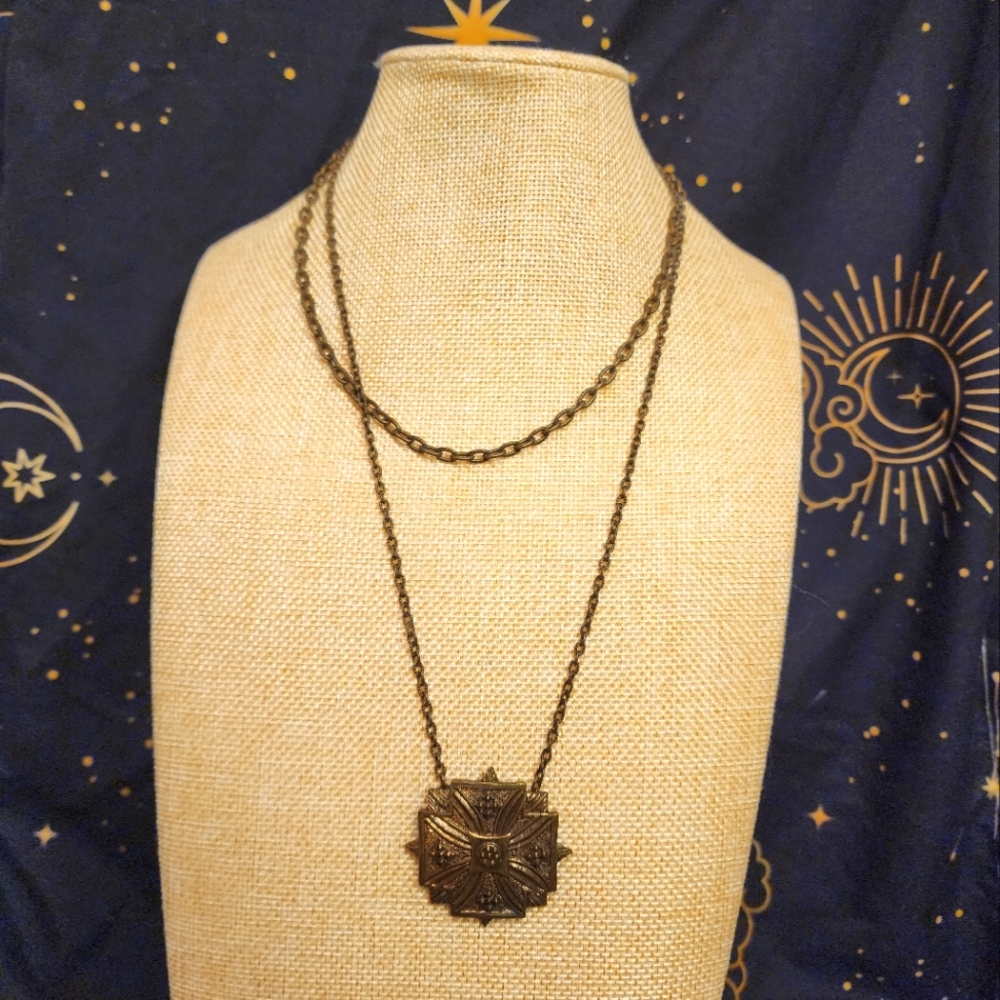 Treska Multi-Layer Bronze Chain Amulet Pendant Necklace